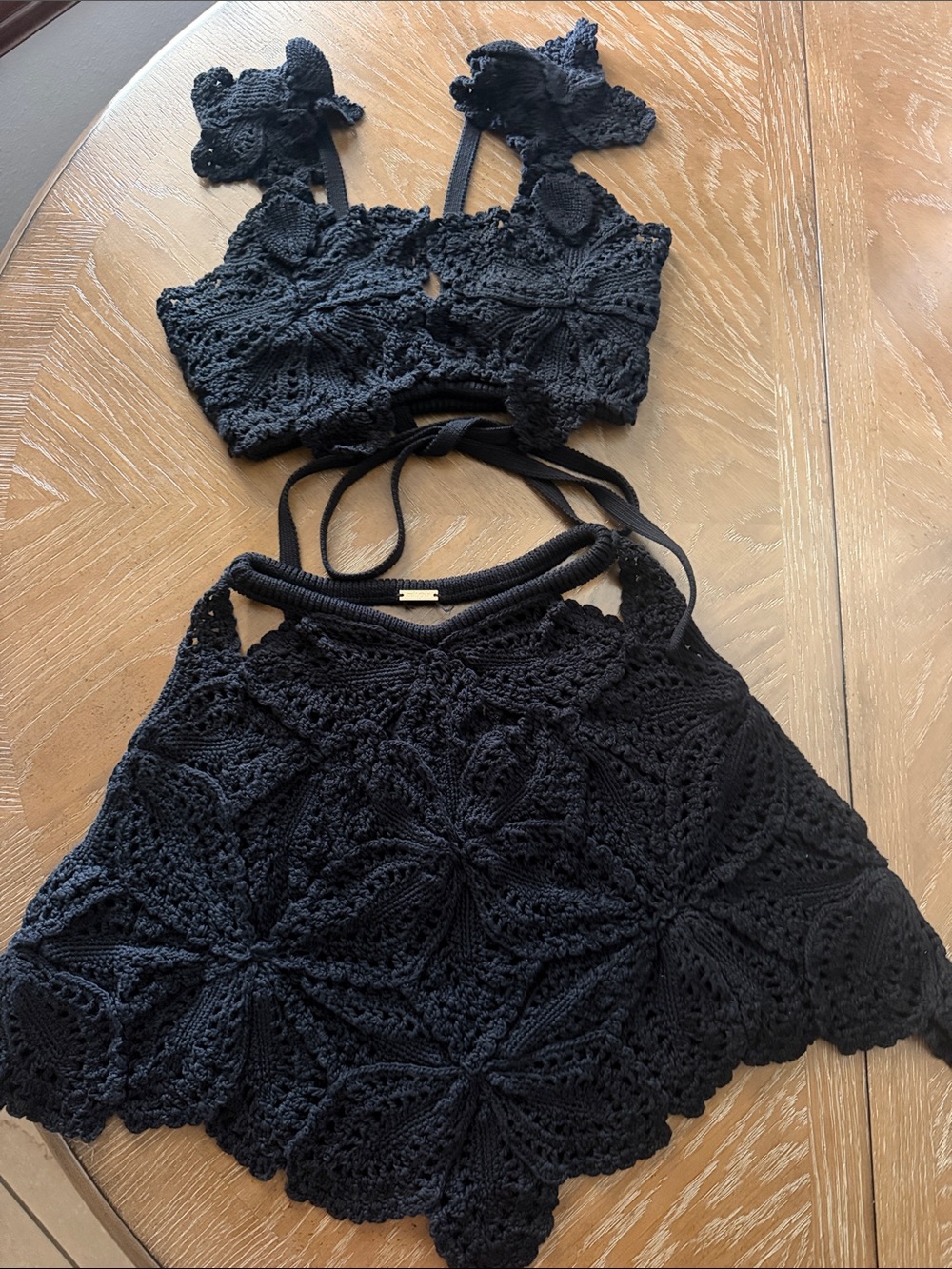 cult gaia Black Crochet Floral Halter Crop Top and skirt set